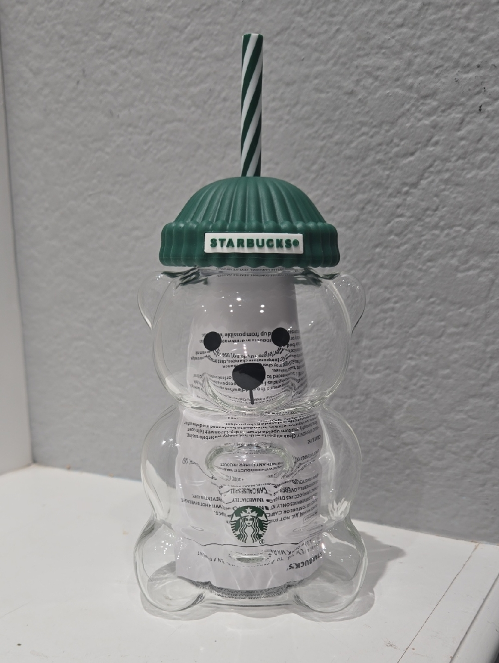 Starbucks Clear Bear Tumbler with Green Ribbed Lid and Striped Straw